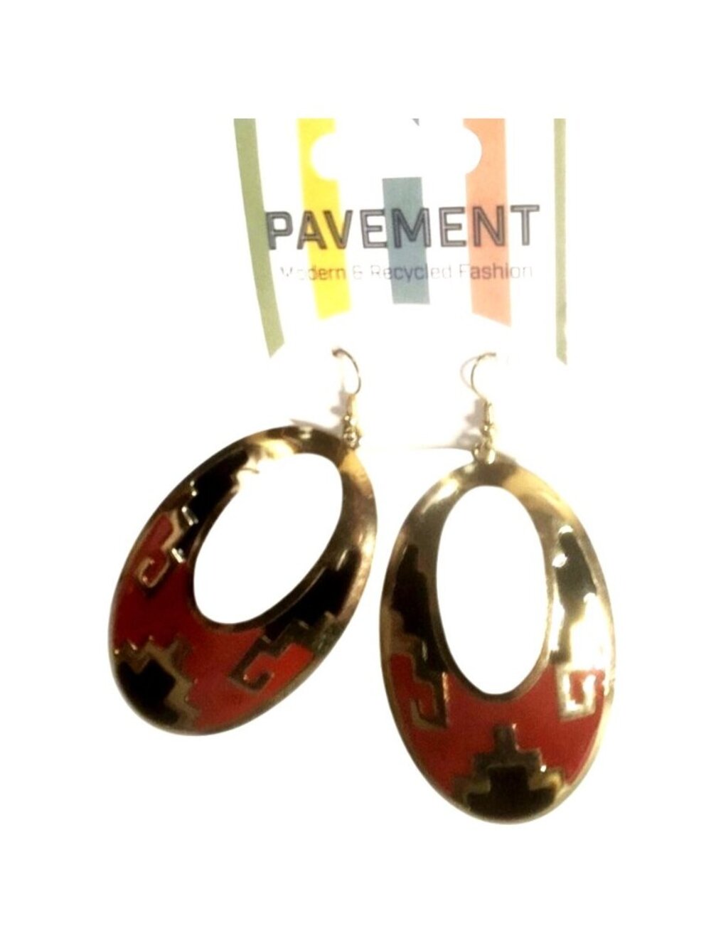 Earrings Gold tone Red black oval Geometric western womens fashion jewelry